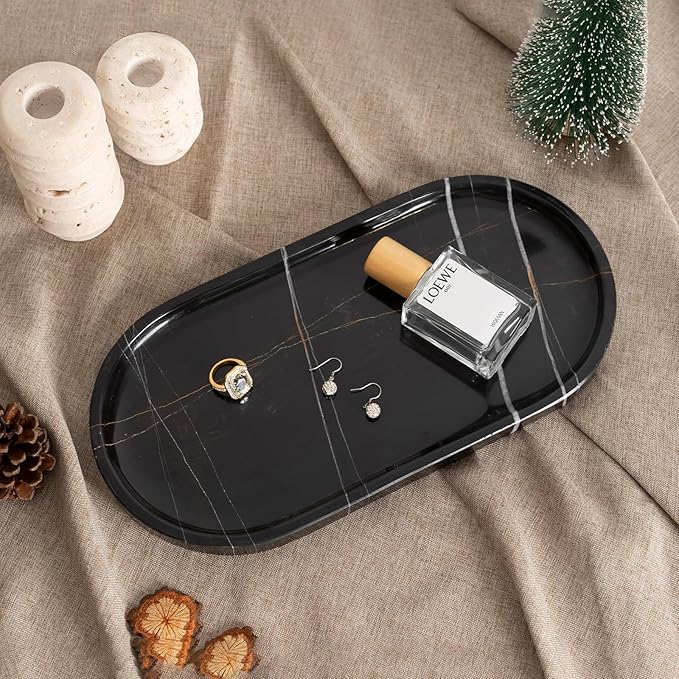Koville Natural Black Marble Tray, 12"x6" Decorative Tray for Countertop, Catchall for Perfume, Candles, Jewelry Dish