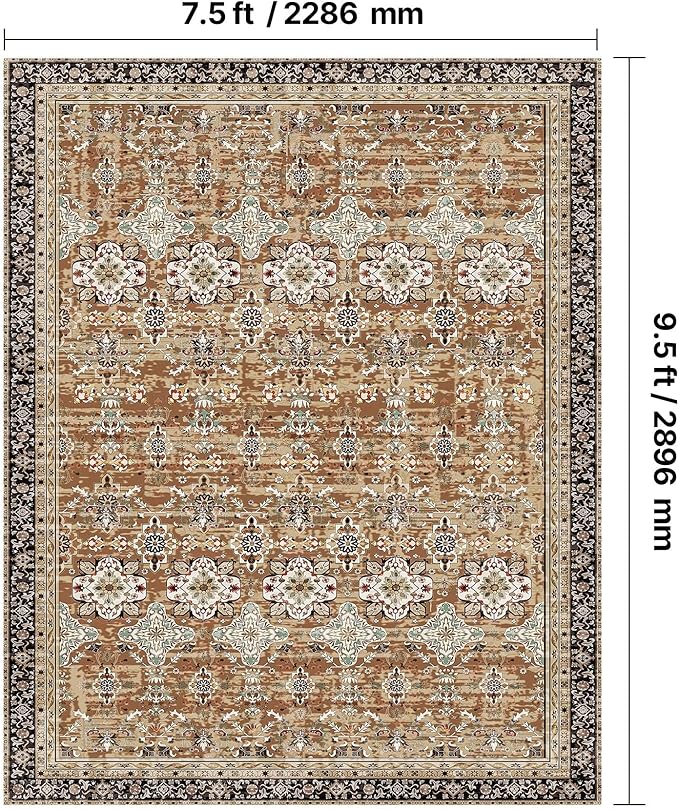VEVOR 7.5 x 9.5 ft Area Rug Large Washable Rug Non-Slip and Tear-Resistant Soft Carpet Pet & Child Friendly Vintage Area Rugs Indoor Mat for Bedroom Living Room Office Entryway Brown Green