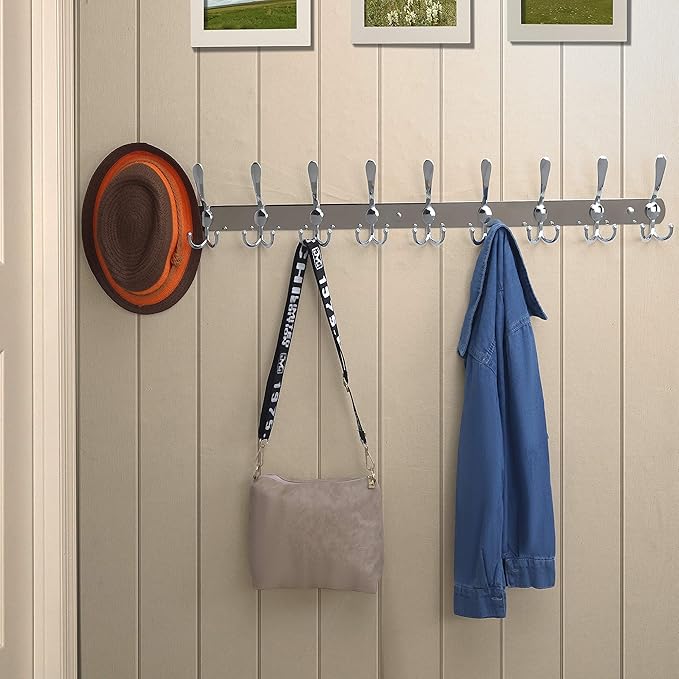Dseap Coat Rack Wall Mount - 38” Long 10-Tri-Hooks Heavy Duty Coat Hanger Rail Wall Hooks for Hanging Coats Hats Clothing Clothes Purse Mudroom Entryway, Chromed