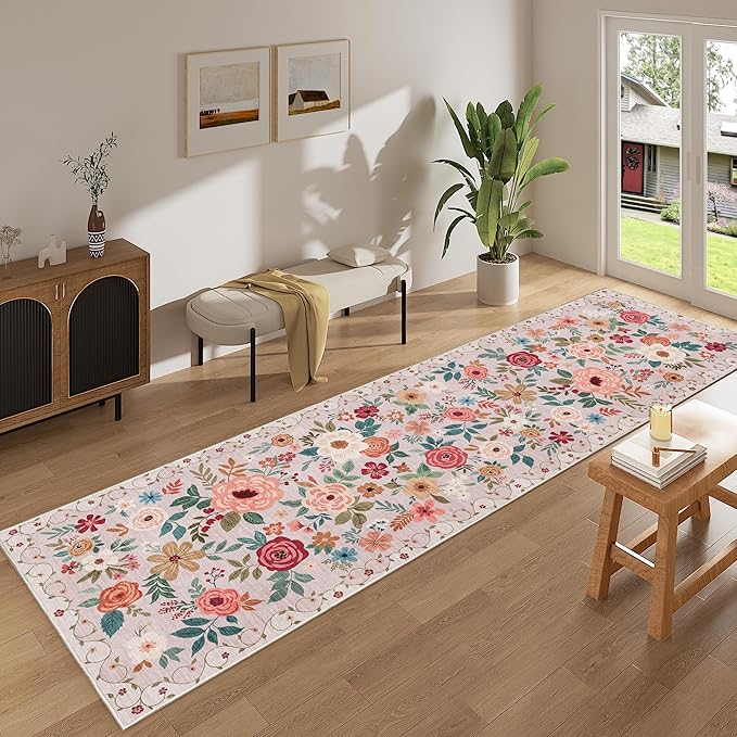DUKINO 2x10 Runner Rug for Hallway, Washable Kitchen Runner Rug with Non Slip Backing, Low Pile Soft Boho Floral Carpet Carpet for Kitchen, Hallway, Entryway, Laundry, Bedroom, Beige