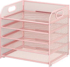 Cawukege 5 Tier Paper Organizer with Handle, Pink Metal Mesh Desk Organizer File Folder Paper Letter Tray Desktop Document Sorter for Classroom, School, Office Accessories Organization and Storage