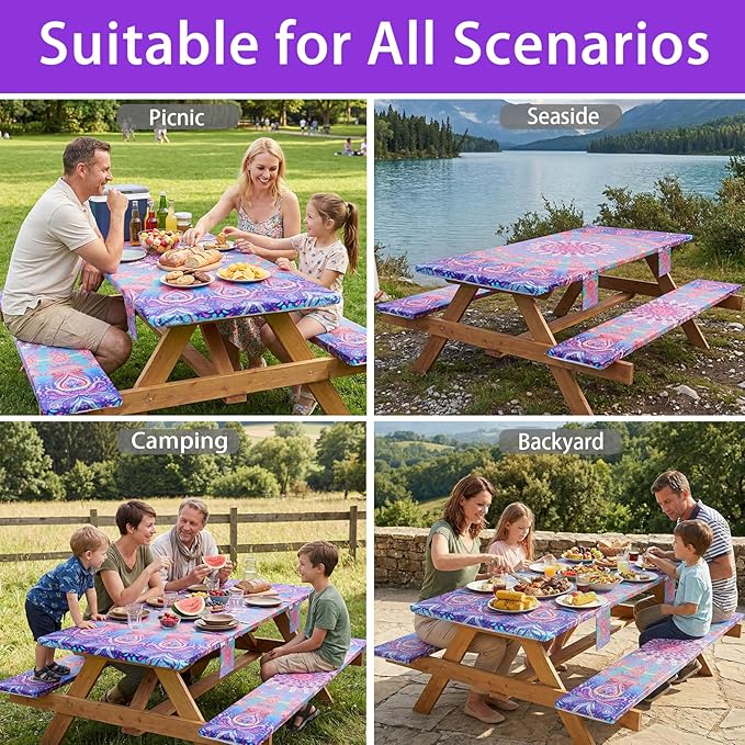 72x30 Picnic Table Cover with Bench Covers Reusable Polyester Camping Tablecloths for Outdoors Camp Trailer Stuff Traveling Road Trip Necessities Retirement Boho Summer Fall Party Decorations