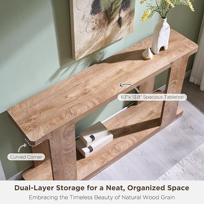 OKD 63 Inch Modern Entryway Console Table, 2-Tier Long Sofa Table Behind Couch with Curved Edge, Wood Farmhouse Narrow Entry Table for Hallway, Living Room, Foyer, Entrance, Light Tree Knot