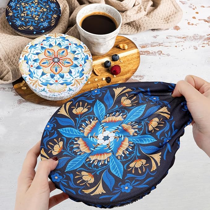 5 Pieces Bowl Covers Reusable, 5 Size Elastic Cloth Bowl Covers for Bread Proofing Stretch Food Covers Washable for Food Fruits Leftover (Lozenge Floral)