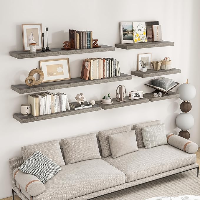 RICHFOCUS 31.5Inch Floating Shelves for Wall 2 Pack Shelves for Bedroom|Kitchen|Bathroom Wall Mounted Rustic Wood Floating Shelf with Invisible Brackets for Books|Storage|Decor, Grey
