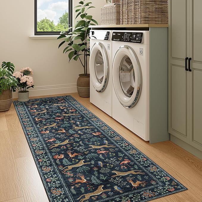 DUKINO Runner Rug, 2x7 Washable Kitchen Rugs for Hallways with Non Slip Backing, Soft Low Pile Vintage Animal Runner for Kitchen, Hallway, Entryway, Laundry, Bedroom, Navy Blue