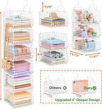 6 Tier Extended Depth Hanging Closet Organizer, Closet Storage Hanging Shelves with Hanging Hooks for Clothes Sweaters Towels Handbags, Stackable Metal Mesh Bins For Closet, Laundry, Bathroom, Dorm