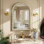 30"×38" Silver Arched Bathroom Vanity Mirror, Vintage Beaded Decorative Wall Mounted Makeup Mirror, as Wall Decor Hanging Leaning for Fireplace Mantle, Living Room, Bedroom, Vanity Area