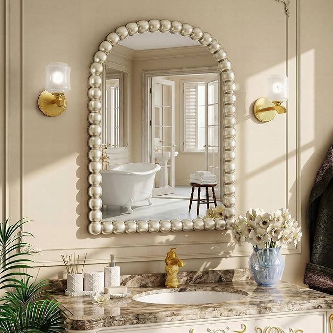 30"×38" Silver Arched Bathroom Vanity Mirror, Vintage Beaded Decorative Wall Mounted Makeup Mirror, as Wall Decor Hanging Leaning for Fireplace Mantle, Living Room, Bedroom, Vanity Area