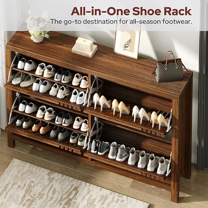 knoworld Shoe Storage Cabinet for Entryway with 4 Flip Drawers, 47.24" Narrow Fluted Shoe Organizer Cabinet, Slim Wooden Shoe Cabinet, Freestanding Hidden Shoe Cabinet for Entrance, Hallway (Walnut)