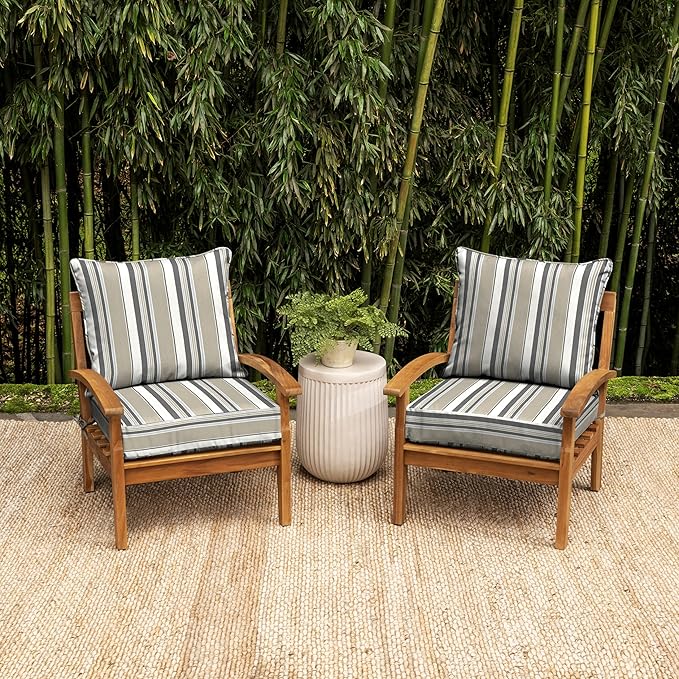 Arden earthFIBER Outdoor Deep Seat Cushion Set, 24 x 24, Rain-Proof, Fade Resistant, Deep Seat Bottom and Back Cushion for Chair, Sofa Taupe Grey Boardwalk Stripe