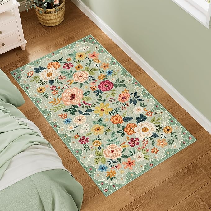 DUKINO 2x4 Rug for Entryway, Washable Kitchen Floral Runner Rug with Non Slip Backing, Low Pile Soft Boho Carpet for Kitchen, Hallway, Entryway, Laundry, Bedroom, Green