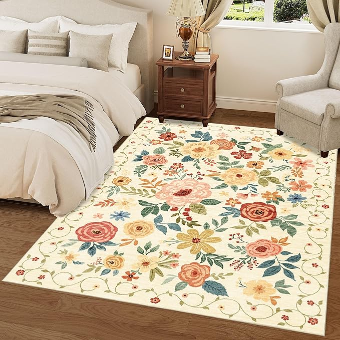 DUKINO 3x5 Area Rug, Floral Rugs for Living Room, Lightweight Non Slip Washable Rug, Indoor Low Pile & Non-Shedding Boho Design Rugs for Bedroom, Living Room, Dining Room, Beige Yellow