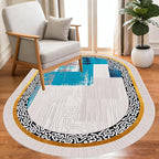 Vintage Luxury Grey Blue Gold Abstract Geometric Texture Oval Area Rug 12x14 for Living Room Bedroom Dining Room Minimalist Bordered Large Rugs Nursery Dorm Kitchen Entryway Soft Non Skid Floor Carpet