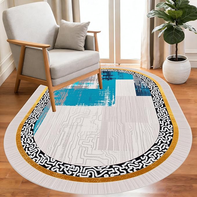 Vintage Luxury Grey Blue Gold Abstract Geometric Texture Oval Area Rug 12x14 for Living Room Bedroom Dining Room Minimalist Bordered Large Rugs Nursery Dorm Kitchen Entryway Soft Non Skid Floor Carpet