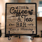 Coffee Bar Sign, Love is Brewing Farmhouse Tabletop Decor, Coffee and Tea Lover Gifts, 5x5 Wood Plaque with Iron Stand for Home Kitchen Cafe, Coffee Bar Decor – L02
