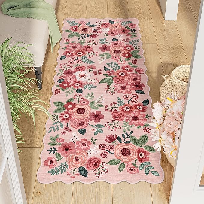 DUKINO 2x5 Washable Runner Rugs, Non Slip Floral Print Entryway Rug with Soft Low Pile, Lightweight Mat for Living Room, Bathroom, Bedroom, Kitchen, Pink