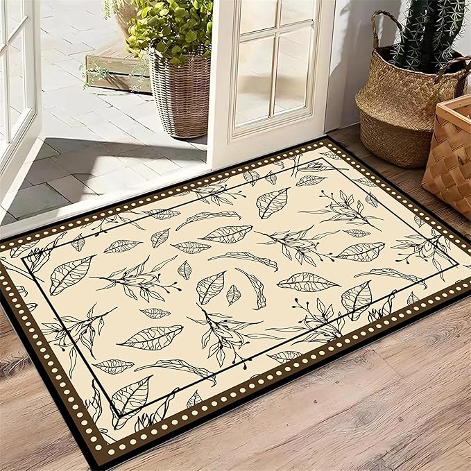 Medieval French Style Area Rugs 8x10ft, Off-White Botanical Leaf Pattern Rug, Low Pile Carpet, Washable & Non-Slip for Living Room, Bedroom, Dining Room, Dorm