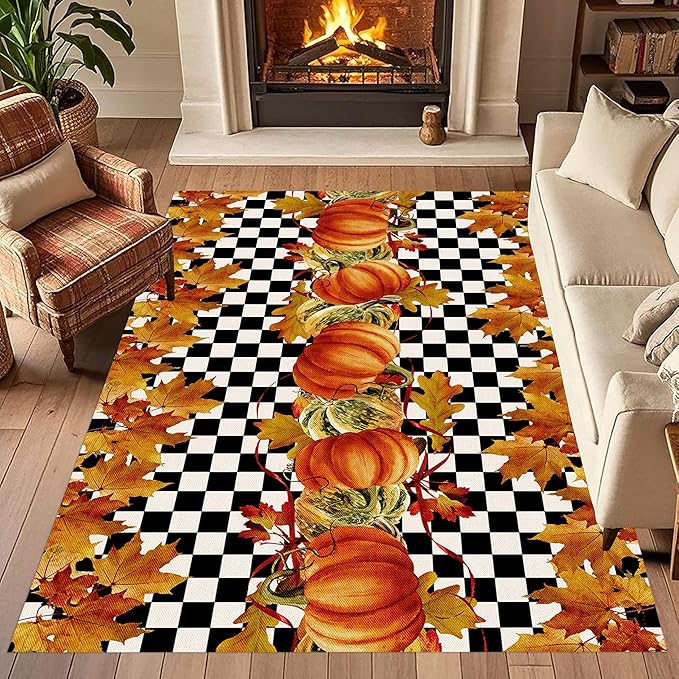 Pumpkin Area Rugs, 5x6ft, Fallen Leaves Autumn Harvest Pumpkins Black and White Checkered Rug, Ultra-Thin Rubber Non Slip Geometric Carpet for Living Room Playroom