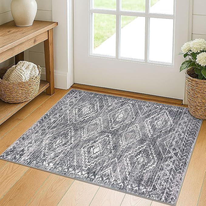 KILOCOCO Boho Entryway Rug 2x3 Printed Small Area Rug Indoor Door Mat Machine Washable Kitchen Rugs Super Soft Non Slip Throw Rugs for Bedroom Entrance Geometric Laundry Room, Grey