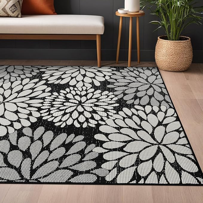 Beverly Rug Outdoor Rug 5x7 Modern Exotic Tropical Leaf Area Rugs for Indoor and Outdoor Patio Deck Porch Garden Water Resistant Washable Outside Carpet (5 x 7 Dark Gray)