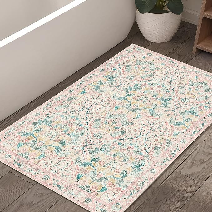 MUJOO 2x3 Washable Rug,Pink Floral Small Area Rugs for Bathroom Entryway Entry Bedroom Bedside,Boho Front Door Mat Indoor Entrance Throw Carpet Botanical Vintage Non Slip Ultra-Thin