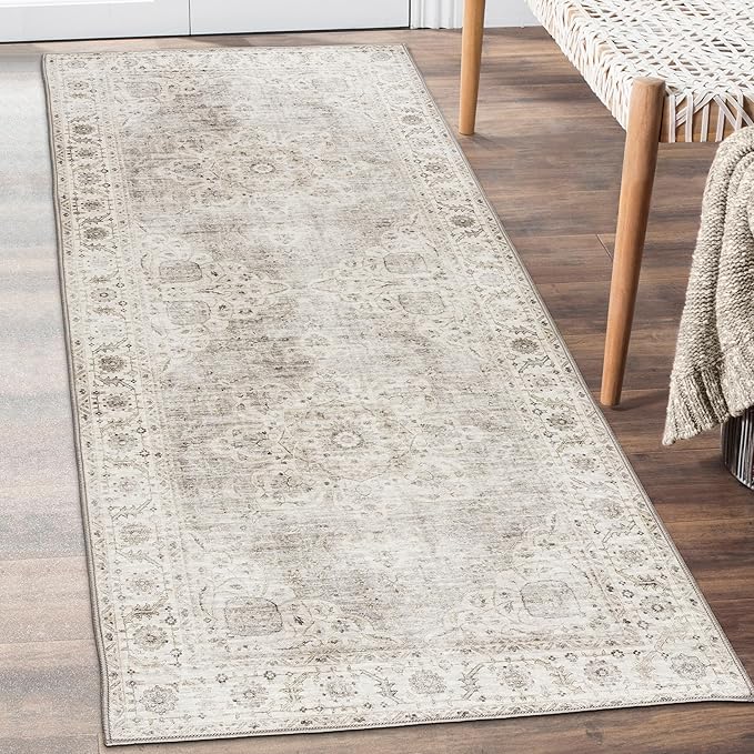 ReaLife Rugs Machine Washable Area Rug Runner - Living Room Bedroom Bathroom Kitchen Entryway Office - Padded Low Pile Stain Resistant Premium - Boho Farmhouse Vintage - Joy - Beige Ivory 2'6" x 6'
