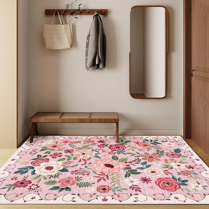 DUKINO 3x5 Area Rug, Floral Rugs for Living Room, Lightweight Non Slip Washable Rug, Indoor Low Pile & Non-Shedding Boho Design Rugs for Bedroom, Living Room, Dining Room, Pink