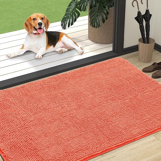 OLANLY Dog Door Mat for Muddy Paws 47x32, Absorbs Moisture and Dirt, Absorbent Non-Slip Washable Doormat, Quick Dry Chenille Mud Mat for Dogs, Entry Indoor Entryway Carpet for Inside Floor, Coral