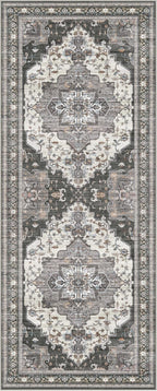 GENIMO 2X5 Hallway Runner Rug, Machine Washable Non Slip Vintage Floral Patchwork Runners, Thin Low Pile Chenille Carpet Runners for Entryway, Kitchen, Bathroom, Bedroom, Slate Gray