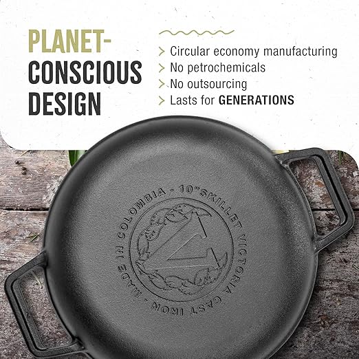 Victoria Cast Iron Round Skillet with Double Loop Handles, Made in Colombia, 10 Inches