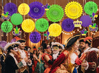 22pcs Mardi Gras Party Decorations – Purple Gold Green Paper Fans, Honeycomb Hangings for Carnival, Centerpieces, Birthday Supplies