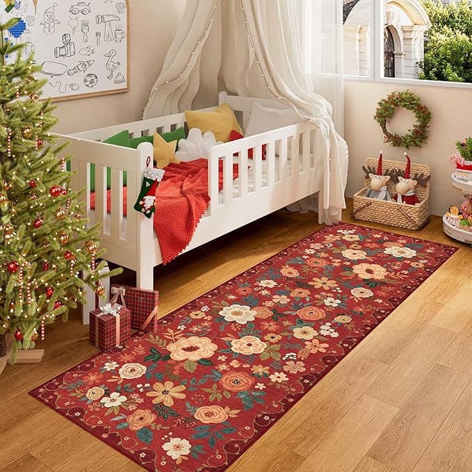 DUKINO 2x6 Runner Rug for Hallway, Washable Kitchen Runner Rug with Non Slip Backing, Low Pile Soft Boho Floral Runner for Kitchen, Hallway, Entryway, Laundry, Bedroom, Red