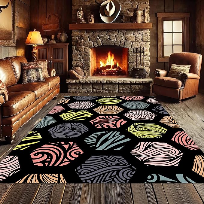 Large Living Room Area Rug 6x9ft,Modern Geometric Rugs, Multicolor Low Pile Farmhouse Carpet, Machine Washable & Non-Slip Non-Shedding for Classroom, Bedroom & Dorm