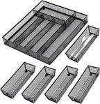 Neudeco Drawer Organizer Set 6 Pack - 5-Compartment Silverware Organizer Tray + 5 Utensil Trays, Kitchen Drawer Organizer for Flatware, Cutlery, Office Supplies, Black Mesh, Non-Slip.