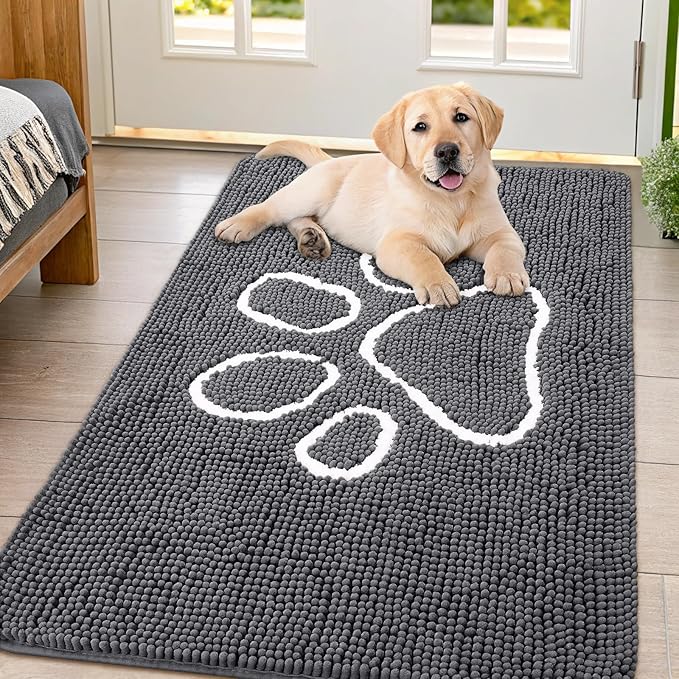Smiry Dog Door Mat for Muddy Paws, Absorbent Dirt Trapper Non Slip Quick Dry Washable Chenille Mat for Mud Dogs, Entry Rug for Indoor and Outdoor (47x32 Inches, Dark Grey and White)
