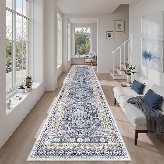 zesthome Washable Runner Rug 2.5x12 - Stain Resistant Entryway Rug,Ultra-Thin Kitchen Rugs, Anti Slip Backing Runner Rugs for Entrance Laundry Room Indoor Hallway (Blue/Beige,2.5'x12')