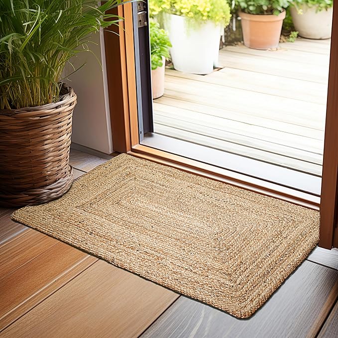 Hausattire Hand Woven Jute Braided Rug, 2'x3' – Natural, Reversible Boho Entry Area Rugs for Kitchen, Living Room I Farmhouse Indoor Outdoor Decorative Floor Rug, 24x36 Inches