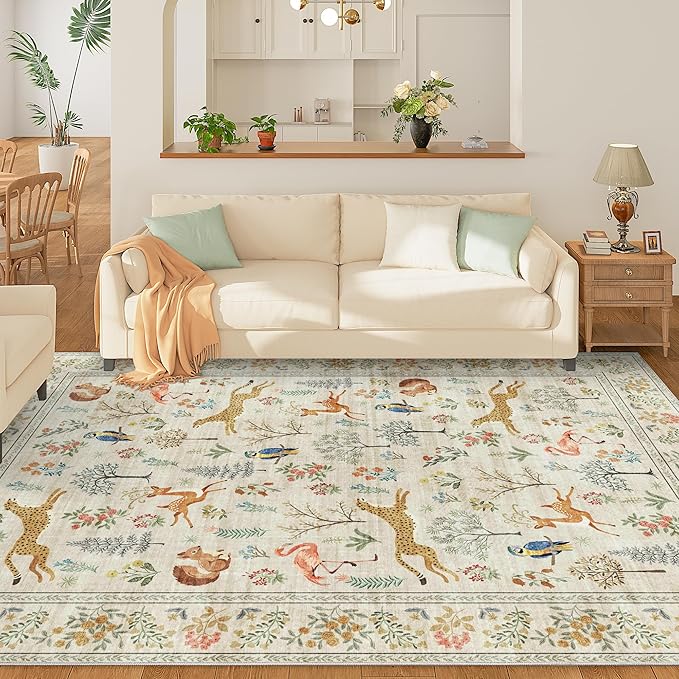 DUKINO 5x7 Rug, Washable Animal Living Room Rug with Non Slip Vintage Design, Soft Low Pile Large Carpet for Bedroom, Nursery, Dining Room, Farmhouse, Playroom, White