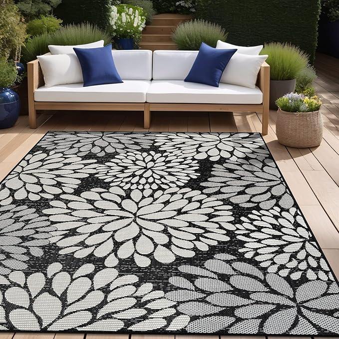 Beverly Rug Outdoor Rug 5x7 Modern Exotic Tropical Leaf Area Rugs for Indoor and Outdoor Patio Deck Porch Garden Water Resistant Washable Outside Carpet (5 x 7 Dark Gray)