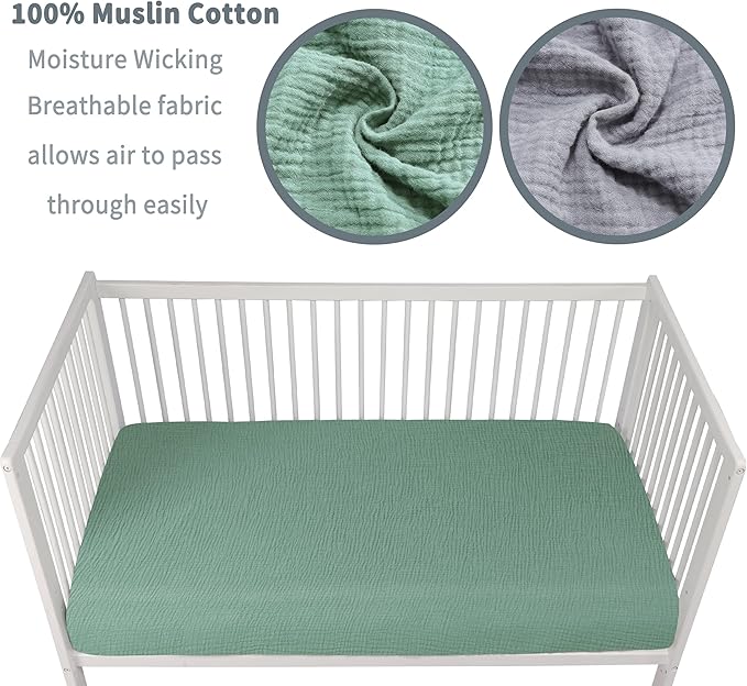 Muslin Crib Sheets for Boys Girls 100% Cotton Fitted Baby Crib Sheet 2 Pack Soft and Breathable for Standard Crib Mattress & Toddler Mattress 52x28in (Gray & Green)