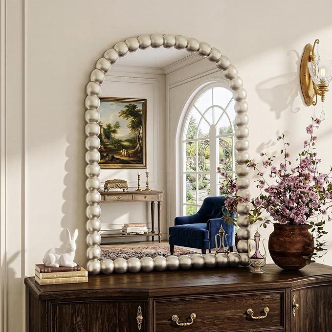 30"×38" Silver Arched Bathroom Vanity Mirror, Vintage Beaded Decorative Wall Mounted Makeup Mirror, as Wall Decor Hanging Leaning for Fireplace Mantle, Living Room, Bedroom, Vanity Area