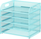 Cawukege 5 Tier Paper Organizer with Handle, Blue Metal Mesh Desk Organizer File Folder Paper Letter Tray Desktop Document Sorter for Classroom, School, Office Accessories Organization and Storage