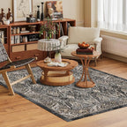 Washable Area Rug 5' x 7' Vintage Traditional Persian Mat - Foldable Distressed Non-Slip Machine Washable Carpet for Living Room Bedroom Kitchen Home Decor - Ebony and Taupe