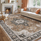 DEXI 10x14 Area Rug for Living Room, Washable Vintage Farmhouse Thin Rug Indoor Floor, Non Slip Stain Resistant Low Pile Carpet for Dining Room Bedroom Office, Brown