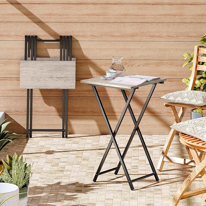 HOOBRO Folding TV Tray Table, Set of 2 Wooden TV Tray, Portable Sofa Side Snack Table, Industrial Desk for Small Spaces, Space-Saving, Easy to Install and Fold, Greige and Black BG27BZP201