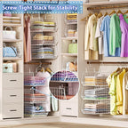 6 Tier Extended Depth Hanging Closet Organizer, Closet Storage Hanging Shelves with Hanging Hooks for Clothes Sweaters Towels Handbags, Stackable Metal Mesh Bins For Closet, Laundry, Bathroom, Dorm