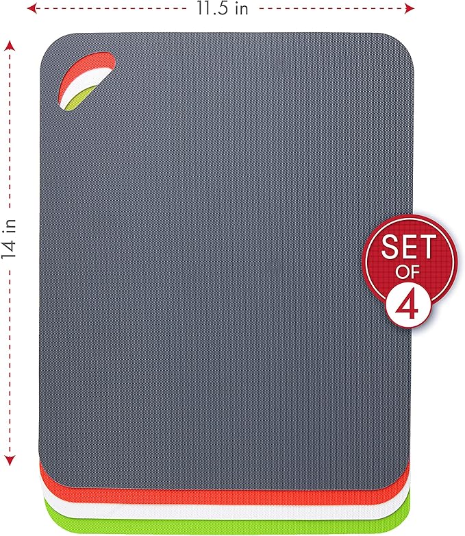 Dexas Heavy Duty Cutting Board Grippmat, Flexible Cutting Boards for Kitchen, Set of 4, Non Slip Plastic Board Cutting Mat 11.5 by 14 Inches Gray, Red, White and Green Set, Kitchen Gadgets