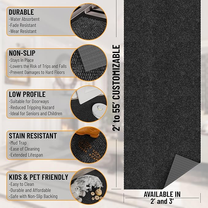 Ottomanson Commercial Scrape Rib Entry Mat – Heavy Duty Ribbed Floor Mat for High Traffic – Non Slip Rubber Back, Waterproof – Indoor Outdoor Use for Offices, Schools, Lobbies, 2' x 44', Black