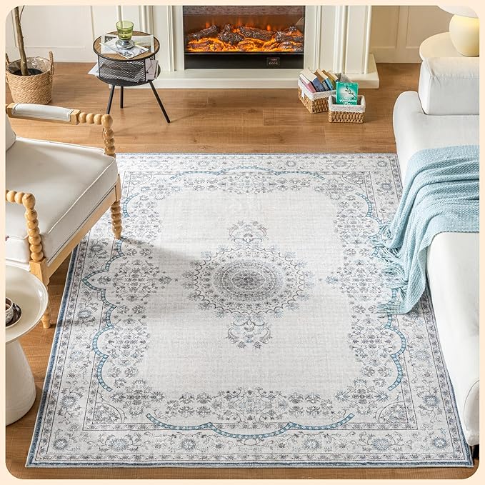 Istana Bedroom Rugs 5x7 - Pink Beige Whisper/Grey/Blue Carpet - Kid & Pet Friendly Carpets for Living Room 5x7-5x7 Rugs for Bedroom - Eco-Friendly & Foldable Dining Room Rug